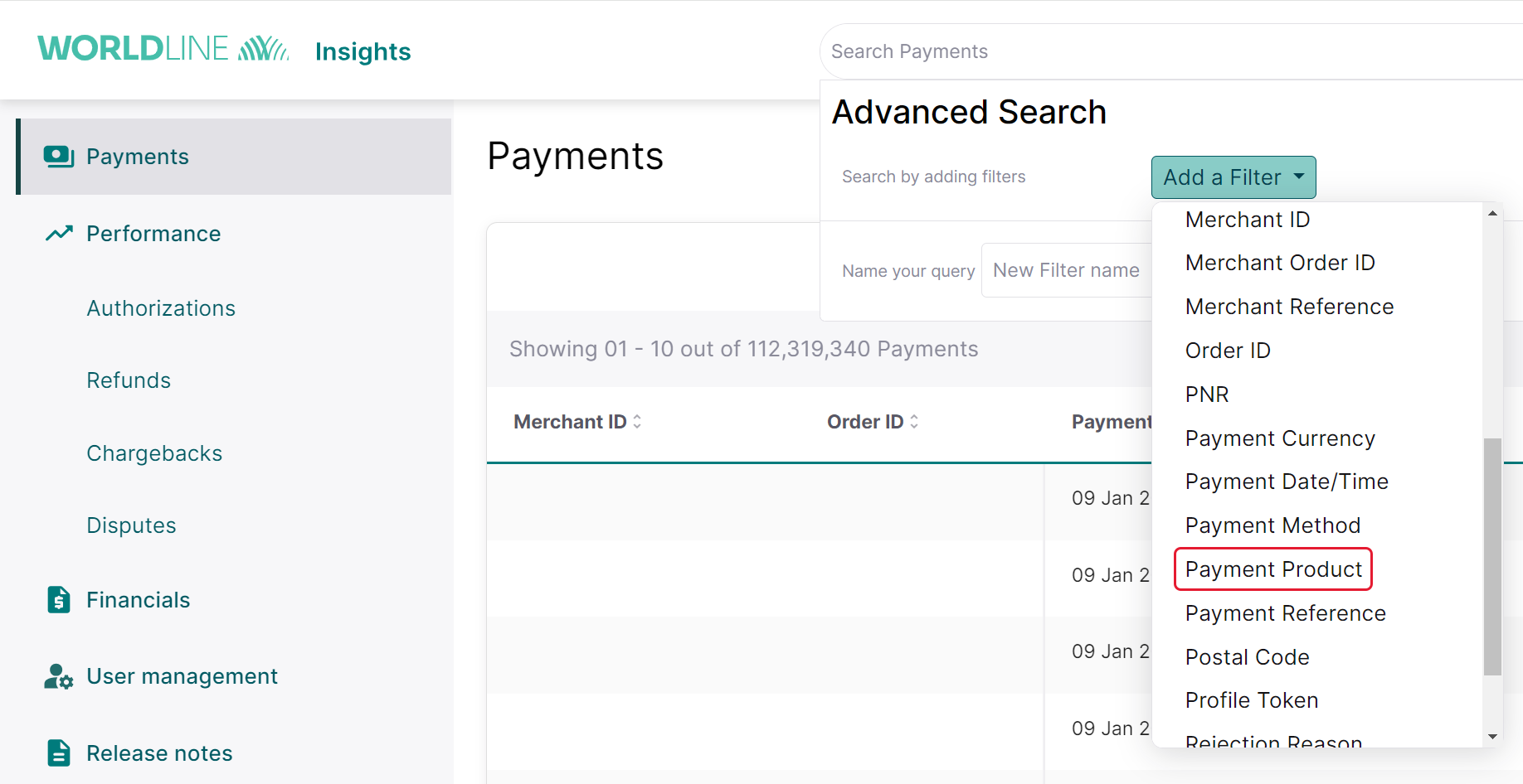 Worldline Insights Advanced Search page with Add a Filter dropdown open and Payment Product option highlighted